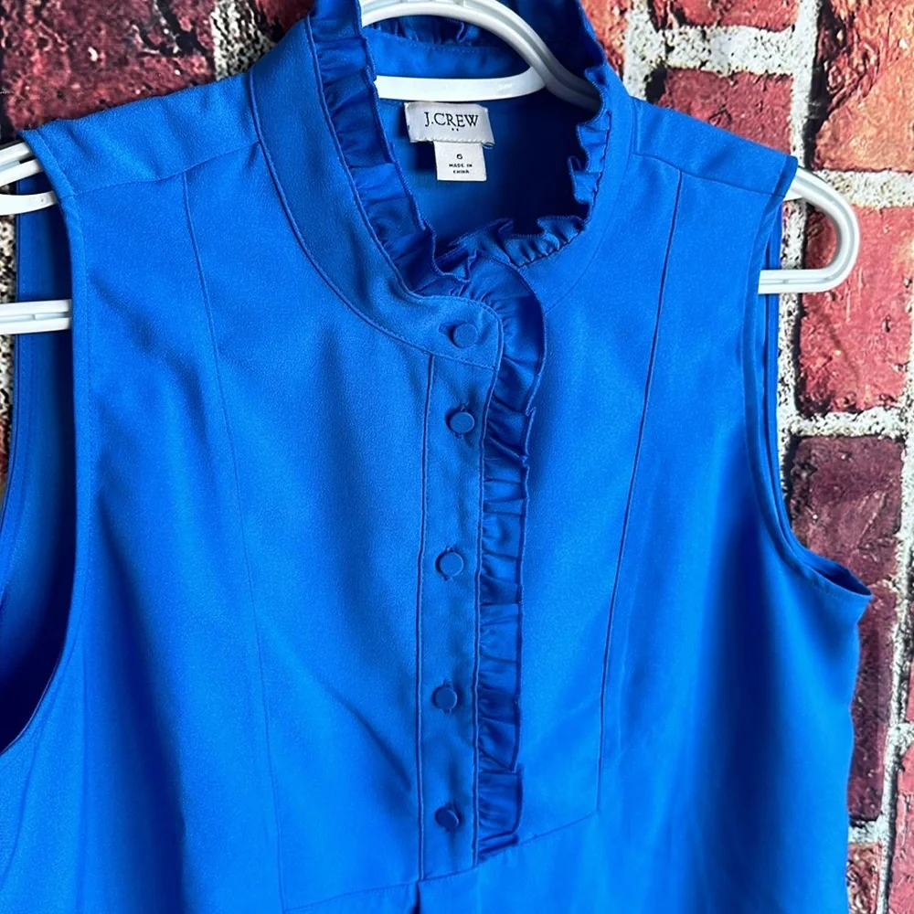 J Crew Shirt Womens 6 Blue Sleeveless Half Button Up Ruffle Polyester Large